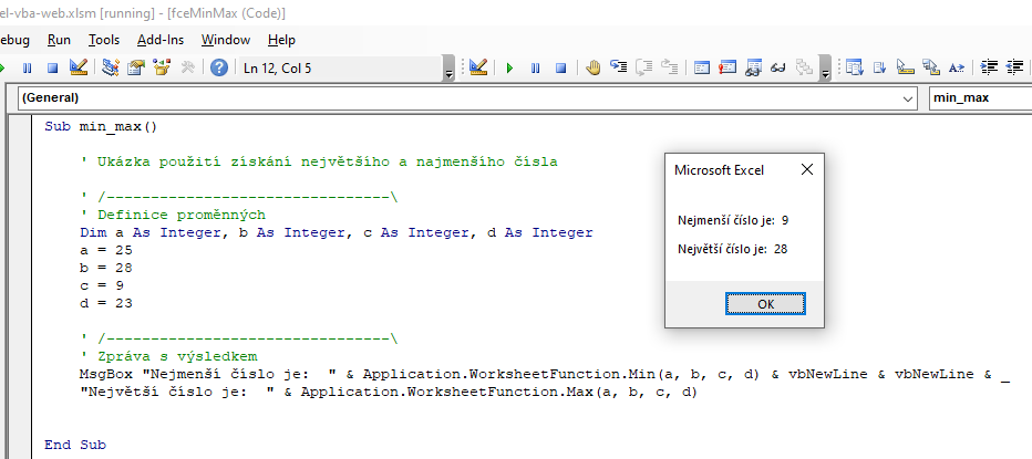 Excel funkce pro minimální a maximální hodnotu ve VBA